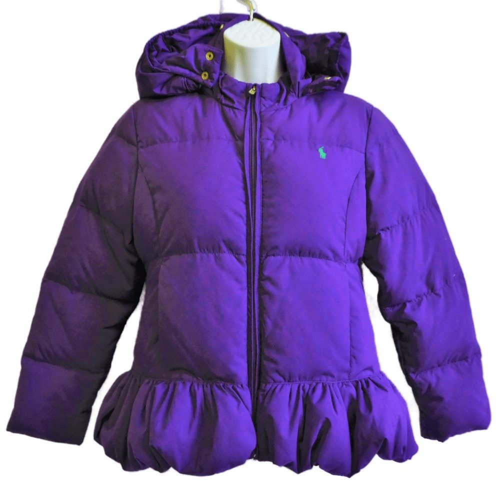 Ralph Lauren Purple Puffy Coat Peplum Detachable Snap Hood Green Pony Down XS